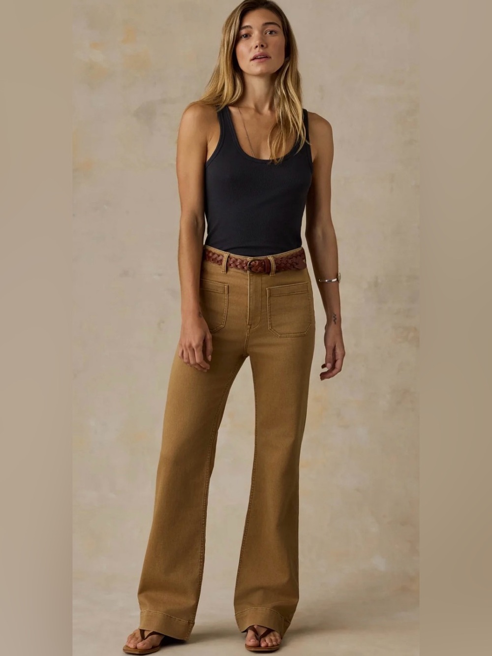 Faherty Stretch Terry Pants Patch Pocket 31” Slim Wide Leg Elk Brown Women’s 27